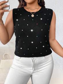 SHEIN Unity Áo len dệt kim không tay đính pha lê cỡ lớn cho nữ - màu đen - Xem 6