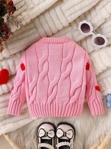 SHEIN Baby Girl Heart Pattern Long Sleeve Casual Cardigan, Fall/Winter - Pink - View 2