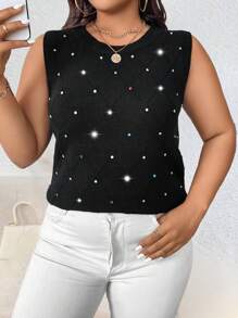 SHEIN Unity Áo len dệt kim không tay đính pha lê cỡ lớn cho nữ - màu đen - Xem 3