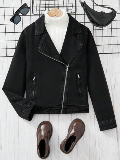 少女 Y2K 街头平底时尚夹克，时尚秋冬女童街头服饰 - 个性化 Y2K 休闲日常百搭舒适拉链水洗黑色牛仔夹克