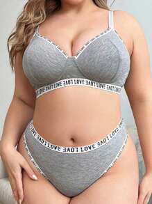 Plus Size Women's Letter Patchwork Elastic Band Comfy Lingerie Set - Grey - View 6