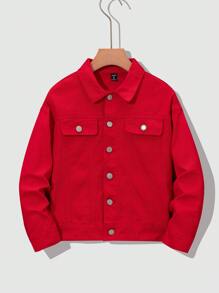 SHEIN Tween Boy Fashion Casual Red Denim Boys Pocket Design Lapel Long Sleeve Jacket Outerwear For Boys Costume Dailywear And Summer Kids Clothes Kids Coats Boys(This Product Is A Single Product Excluding Jeans And Other Trouser Suits) - Red - View 9