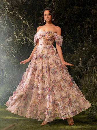 UNITHORSE 露肩露肩透视网眼鱼骨花露背连衣裙派对礼服婚礼宾客礼服正式礼服晚礼服、长袍、校服