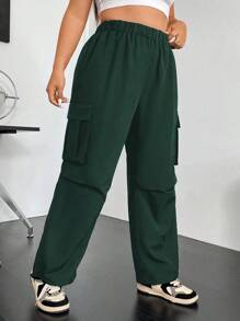 Flirla Quần túi hộp kiểu Mỹ cổ điển màu trơn cỡ lớn cho nữ - Màu xanh lá cây đậm - Xem 5