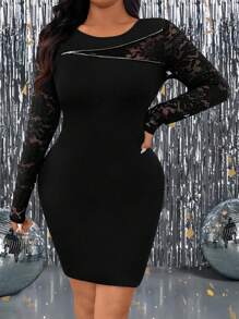 SHEIN Clasi 大码蕾丝拼布拉链装饰紧身黑色连衣裙