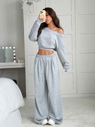 CovetEZ Women Solid Color Asymmetrical Collar Drop Shoulder Cropped Top And Wide Leg Casual Pants 2pcs Set, Spring And Fall