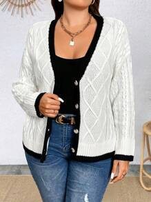 SHEIN Clasi 大码女式性感拼色长袖休闲针织开衫，秋冬款 - 白色 - 查看 5