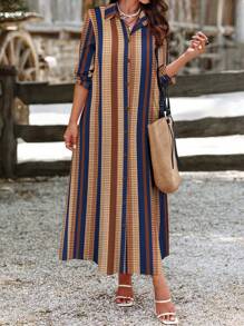 EMERY ROSE Women's Striped Long Sleeve Single-Breasted Casual Dress Maxi Women Outfit Fall Cloth For Women - Multicolor - View 3