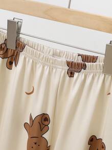 2 件装 Tween Girl 杏色休闲可爱熊印花圆领运动衫和裤子家居服套装