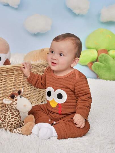 SHEIN 男婴休闲日常可爱火鸡表情彩色尾巴刺绣纹理面料保暖连体裤适合秋冬季，适合感恩节
