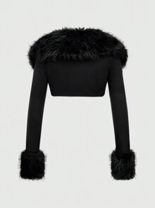 ROMWE Grunge Punk Y2K Harajuku Style Patchwork Leopard Print Fluffy Collar Cropped Cardigan For Women - Black - View 2