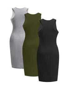 SHEIN LUNE 大码女式纯色圆领修身吊带背心连衣裙，夏季 - 彩色 - 查看 2