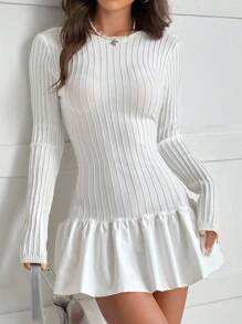 SHEIN EZwear Váy len dệt kim họa tiết hoa thanh lịch cổ tròn dài tay màu trơn cho nữ, mùa thu/đông - trắng - Xem 5