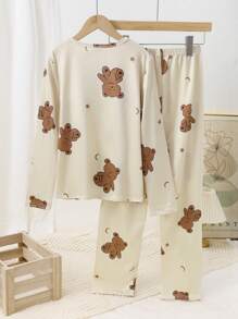 2 件装 Tween Girl 杏色休闲可爱熊印花圆领运动衫和裤子家居服套装