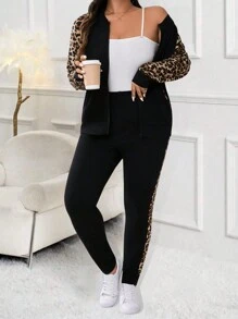 SHEIN LUNE Conjunto informal de 2 piezas de chaqueta de manga raglán con estampado de leopardo y pantalones para mujer talla grande, primavera-otoño - Negro - Ver 5