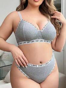 Plus Size Women's Letter Patchwork Elastic Band Comfy Lingerie Set - Grey - View 3