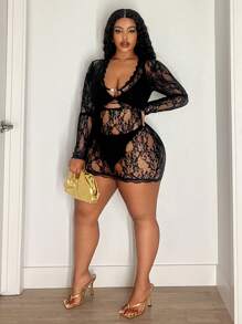 Maweii 大码蕾丝拼布透明迷你连衣裙 - 黑色 - 查看 4