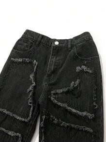 SHEIN 青少年男孩时尚休闲基本款黑色直筒牛仔裤，饰有装饰边，适合感恩节服装、日常穿着以及秋冬季穿着。 - 黑色 - 查看 9