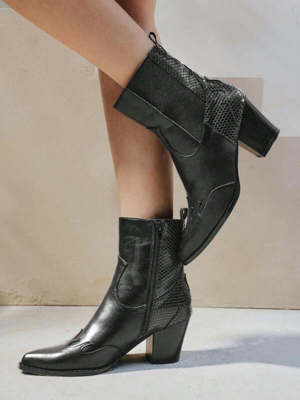 Styleloop Femei la modă Western Cowgirl Gros Toc Înalt vârf pătrat Cizme la jumătatea gambei Toamna de Crăciun