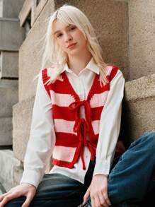 Skyraze Women's Red Striped Knitted Casual Vest For Fall/Winter Red Top Women Tops Women Sweater Vest Hollowed Costumes Geometric Pattern - Red - View 5