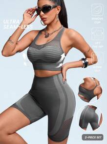 Innovista Bộ đồ thể thao liền mạch co giãn cao 3D Lines dành cho nữ, Bộ 2 món, Áo ngực thể thao nâng đỡ lưng Racerback & Quần bó tập luyện Biker, Bộ đồ hai món thường ngày & tập luyện, Chạy xe đạp, Phòng tập yoga - Xám - Xem 1