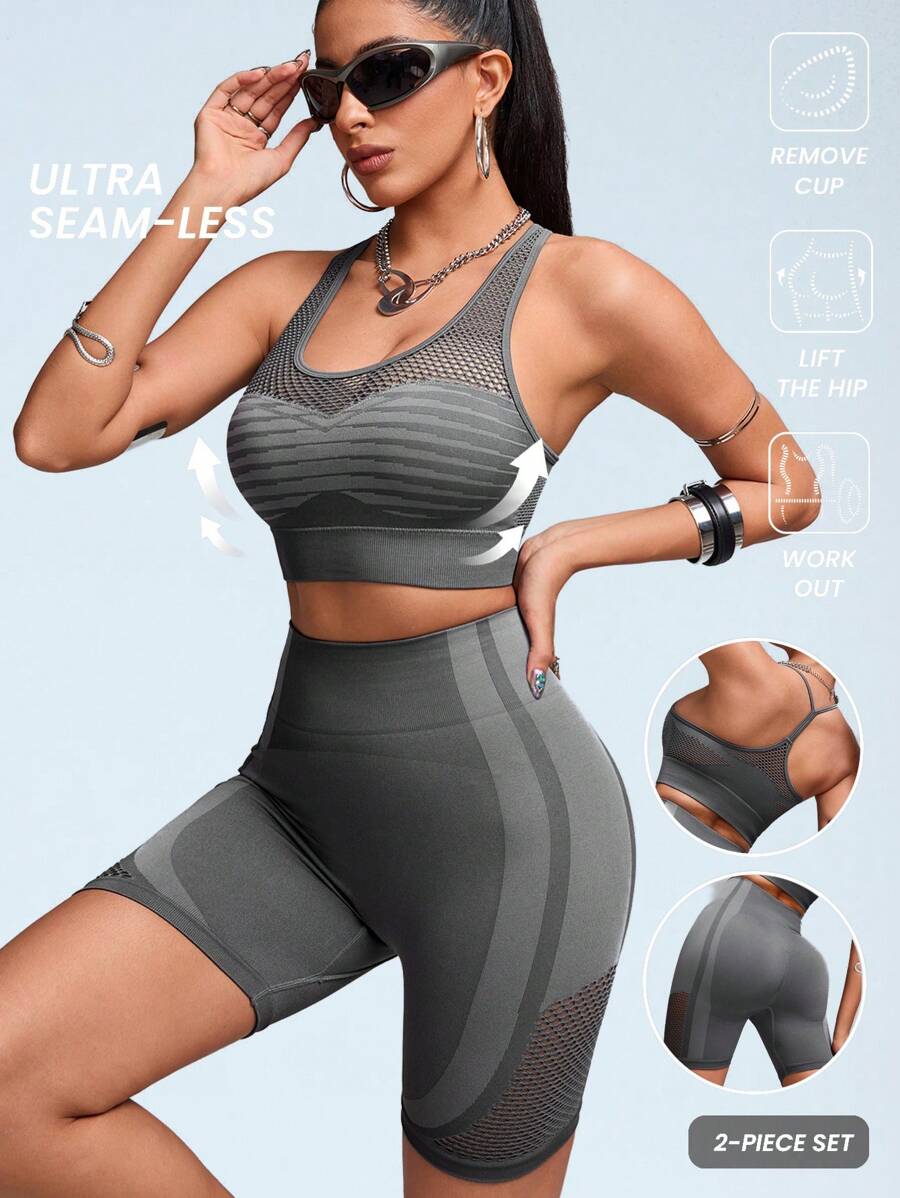 Innovista Bộ đồ thể thao liền mạch co giãn cao 3D Lines dành cho nữ, Bộ 2 món, Áo ngực thể thao nâng đỡ lưng Racerback & Quần bó tập luyện Biker, Bộ đồ hai món thường ngày & tập luyện, Chạy xe đạp, Phòng tập yoga - Xám - Xem 1