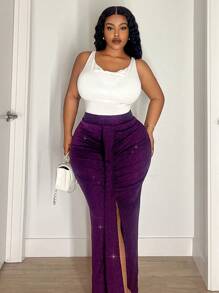 Maweii 大码女式纯色闪亮褶皱开衩下摆半身裙 - 紫色 - 查看 2