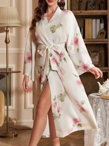 LuxeNights Floral Print Ruffled Belted Long Sleeve Maxi Length Robe Perfect Summer, Cozy And Elegant Details, Fall & Winter - Multicolor - View 4