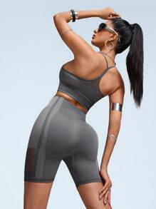 Innovista Bộ đồ thể thao liền mạch co giãn cao 3D Lines dành cho nữ, Bộ 2 món, Áo ngực thể thao nâng đỡ lưng Racerback & Quần bó tập luyện Biker, Bộ đồ hai món thường ngày & tập luyện, Chạy xe đạp, Phòng tập yoga - Xám - Xem 2
