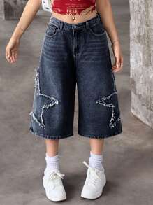 SHEIN Pantalones capri de mezclilla de ajuste holgado con aplicaciones de estrella de cinco puntas en colores neutros, estilo callejero vintage Y2K para niñas adolescentes - Azul lavado oscuro - Ver 4