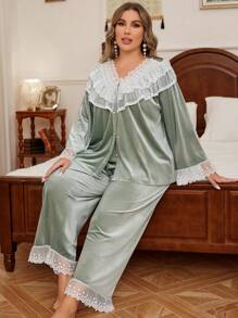 奢华蕾丝边天鹅绒睡衣套装，加大码绿色睡衣套装睡衣套装睡衣套装加大码女士睡衣套装