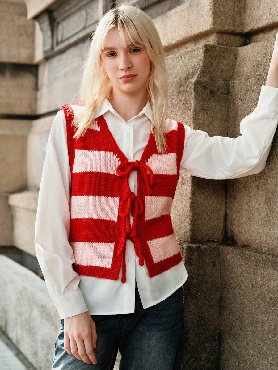 Skyraze Women's Red Striped Knitted Casual Vest For Fall/Winter Red Top Women Tops Women Sweater Vest Hollowed Costumes Geometric Pattern - Red - View 1