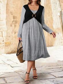 EMERY ROSE Vestido casual de manga larga con bloques de color para mujeres de talla grande, primavera y otoño - Multicolor - Ver 3