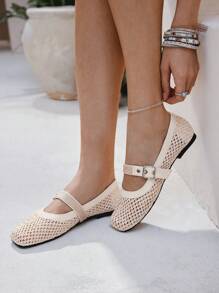 Styleloop Women's Casual Round Toe Flat Shoes, Beige Woven Mesh Fabric, Fashion Minimalist Design, Comfortable Breathable Buckle Strap Loafers Spring Shoes Spring Break Easter