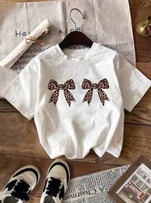 SHEIN Retro Leopard Print Bow Young Girl Casual Round Neck Short Sleeve T-Shirt, Suitable For Spring And Summer - White - View 1