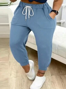 Plus Size Women Fashion Solid Color Drawstring Waist Tapered Leg Pants