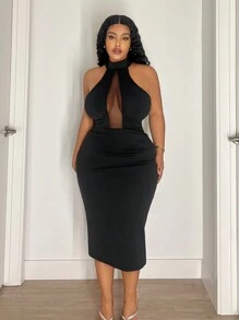 Maweii Plus Size Solid Color Halter Mesh Contrast Casual Loose Dress - Black - View 4