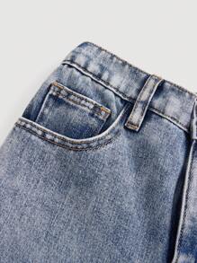 SHEIN Jeans rectos rasgados de primavera y verano de estilo urbano Y2K para niña preadolescente, ropa de verano para niñas - Azul lavado medio - Ver 3