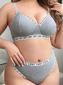 Plus Size Women's Letter Patchwork Elastic Band Comfy Lingerie Set - Grey - View 5