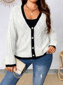 SHEIN Clasi 大码女式性感拼色长袖休闲针织开衫，秋冬款 - 白色 - 查看 7