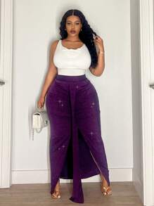 Maweii 大码女式纯色闪亮褶皱开衩下摆半身裙 - 紫色 - 查看 4