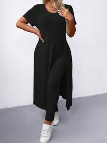 SHEIN LUNE 2pcs Plus Size Women Summer Solid Round Neck Short Sleeve Side Split Hem Ribbed T-Shirt And Pants Casual Set Ribbed Leggings Setcasual Two Pieces Set - Black - View 5