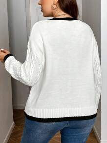 SHEIN Clasi 大码女式性感拼色长袖休闲针织开衫，秋冬款 - 白色 - 查看 2