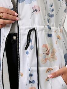 大码女式花卉印花落肩长袖拉链休闲连帽外套，秋冬 - 彩色 - 查看 7
