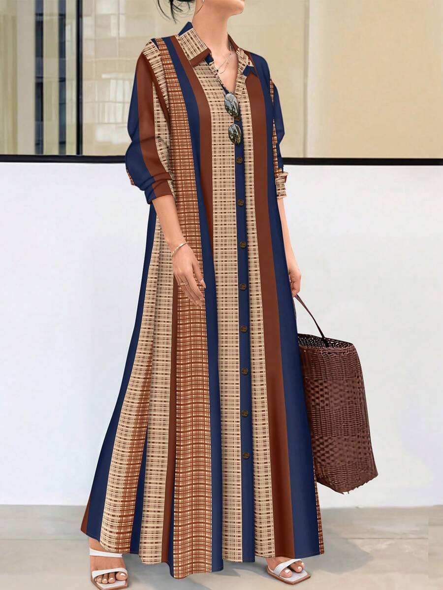 EMERY ROSE Women's Striped Long Sleeve Single-Breasted Casual Dress Maxi Women Outfit Fall Cloth For Women - Multicolor - View 1