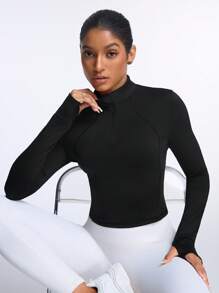 SHEIN Women's Solid Color Raglan Sleeve Slim Fit Casual Sweatshirt - Black - View 3