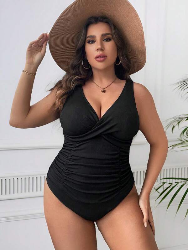 Swim Lushoire Summer Beach Plus Ruched One Piece Swimsuit