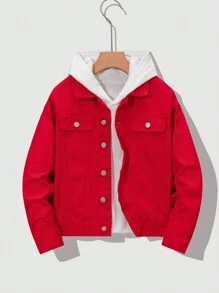 SHEIN Tween Boy Fashion Casual Red Denim Boys Pocket Design Lapel Long Sleeve Jacket Outerwear For Boys Costume Dailywear And Summer Kids Clothes Kids Coats Boys(This Product Is A Single Product Excluding Jeans And Other Trouser Suits) - Red - View 2