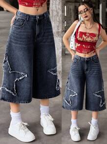 SHEIN Pantalones capri de mezclilla de ajuste holgado con aplicaciones de estrella de cinco puntas en colores neutros, estilo callejero vintage Y2K para niñas adolescentes - Azul lavado oscuro - Ver 1