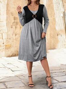 EMERY ROSE Vestido casual de manga larga con bloques de color para mujeres de talla grande, primavera y otoño - Multicolor - Ver 1